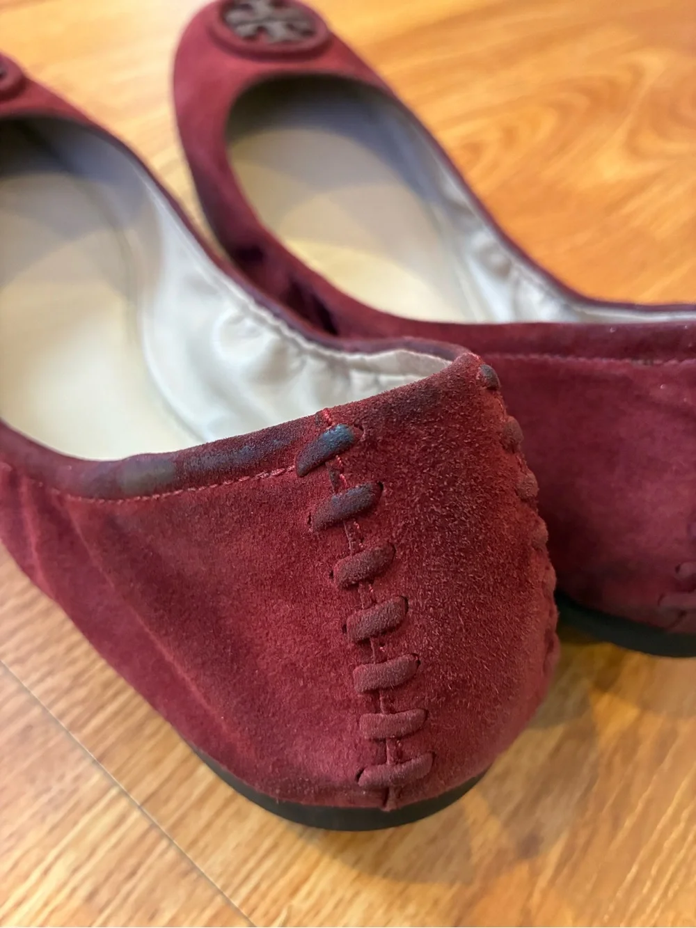 Tory Burch Wine Suede Logo Ballet Flats